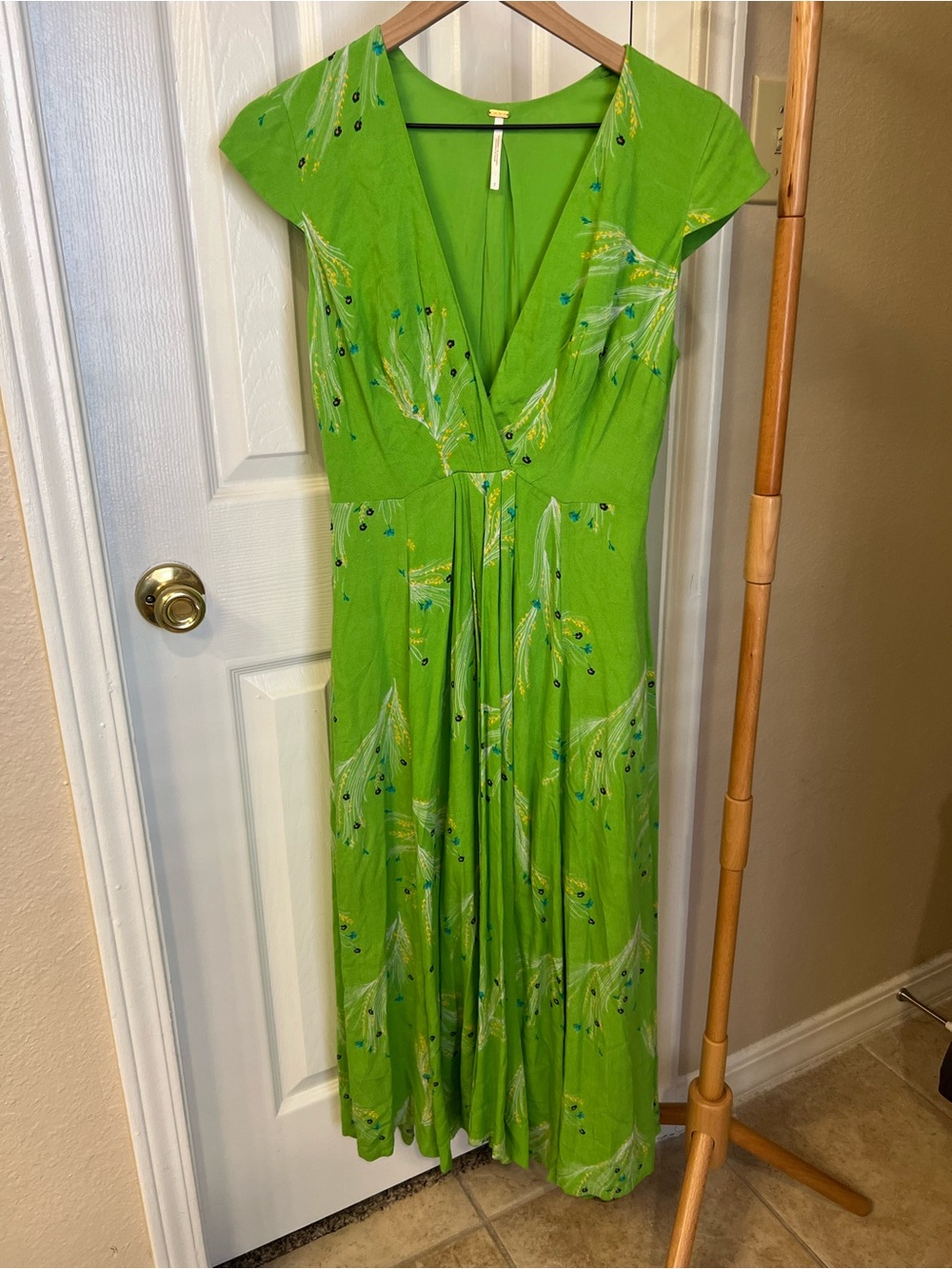Free People Bright Green Floral V-Neck Maxi Dress